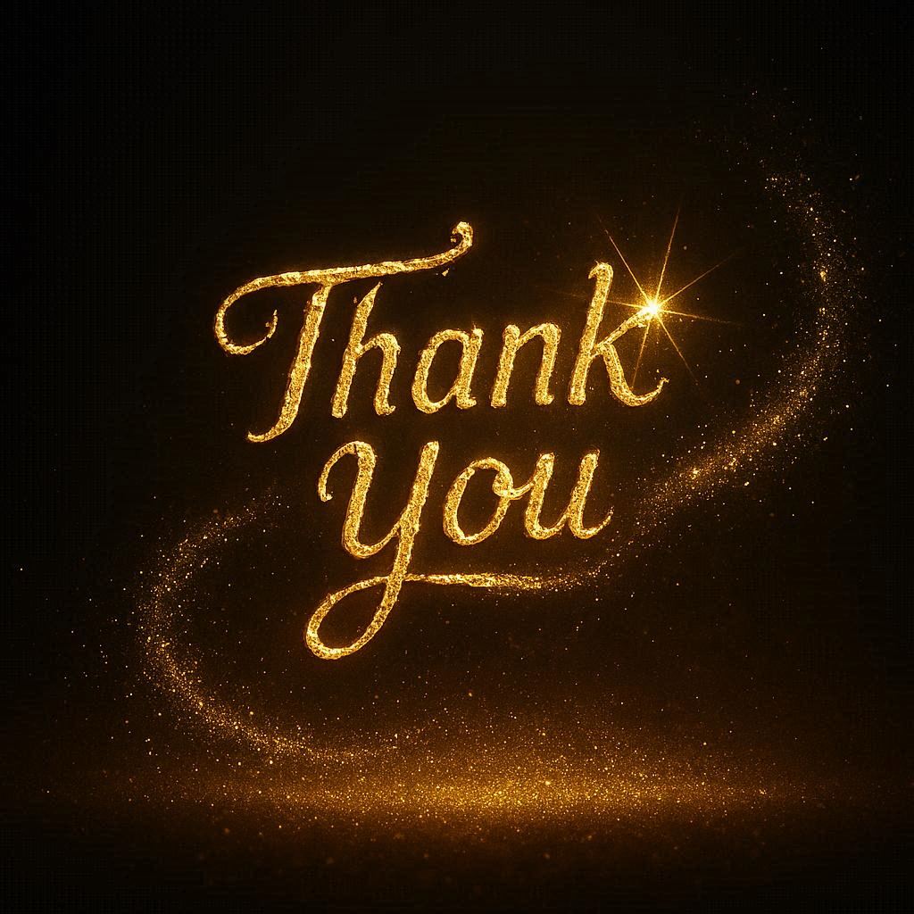 A dark background fades in, revealing a golden glow. The word "Thank You" appears as molten gold, slowly forming letter by letter. A golden spark ignites, making the text shine and pulse with energy. A luxurious gold dust effect swirls around, symbolizing knowledge and enlightenment.