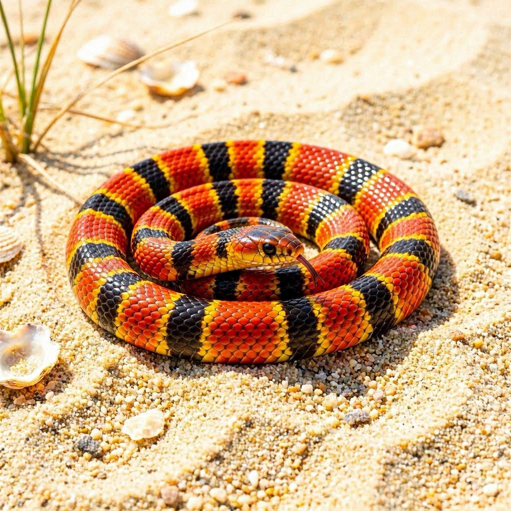 A vividly colored coral snake with alternating red, yellow, and black bands coiled on sunlit sand, head slightly raised in alert posture, bright midday light casting crisp shadows, wildlife documentary style with high contrast and saturated hues, 50mm prime lens.