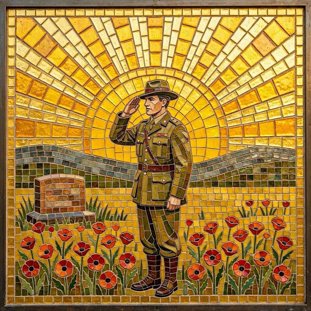 A large mosaic artwork for Anzac Day composed of tiny ceramic tiles forming a scene of a soldier saluting at sunrise, warm golden light reflecting off the glossy tiles, photographed straight-on to capture intricate detail and color vibrancy.