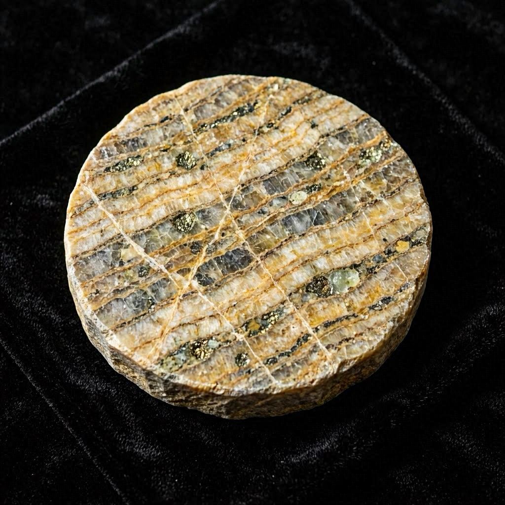 A sliced cross-section of limestone revealing internal stratification and mineral inclusions, placed on a black velvet surface for contrast, lit with dramatic chiaroscuro lighting, photographed with a 24-70mm zoom lens at f/8 for full clarity.
