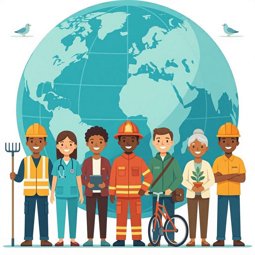 A diverse group of community helpers from different ethnic backgrounds smiling together in front of a stylized globe, flat vector clipart style, harmonious color scheme, minimalistic yet expressive design.